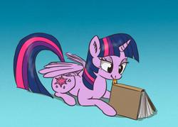 Size: 924x661 | Tagged: safe, artist:el-yeguero, twilight sparkle, alicorn, pony, g4, 30 minute art challenge, book, female, gradient background, horn, licking, mare, prone, solo, that pony sure does love books, tongue out, twilight sparkle (alicorn), wings