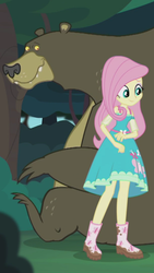 Size: 1242x2208 | Tagged: safe, screencap, fluttershy, harry, bear, butterfly, equestria girls, g4, my little pony equestria girls: better together, stressed in show, stressed in show: fluttershy, boots, clothes, cropped, cute, dress, mud, muddy, shoes, shyabetes, smiling