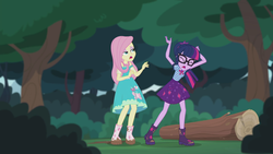 Size: 2208x1242 | Tagged: safe, screencap, fluttershy, sci-twi, twilight sparkle, butterfly, equestria girls, g4, my little pony equestria girls: better together, stressed in show, stressed in show: fluttershy, boots, bowtie, clothes, dress, eyes closed, female, geode of telekinesis, glasses, lidded eyes, log, magical geodes, mud, muddy, open mouth, ponytail, shoes, skirt, tree