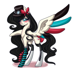 Size: 1000x930 | Tagged: safe, artist:projectblastart, oc, oc only, oc:sherylee baker, pony, blushing, bow, clothes, colored wings, goggles, hair bow, hat, multicolored wings, simple background, socks, solo, striped socks, transparent background
