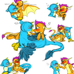 Size: 2000x2000 | Tagged: safe, artist:dashkatortik12222222, gallus, smolder, dragon, griffon, g4, school daze, blushing, dragoness, female, high res, male, on side, shipping, simple background, smoldere, smollus, straight, transparent background, tsundere