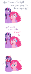 Size: 619x1462 | Tagged: safe, artist:natsuni0, pinkie pie, twilight sparkle, alicorn, earth pony, pony, g4, alternate hairstyle, bandana, blushing, blushing profusely, dialogue, female, hair tie, heart, hug, interview, lesbian, mare, offscreen character, ponytail, ship:twinkie, shipping, shocked, simple background, sitting, twilight sparkle (alicorn), white background, winghug