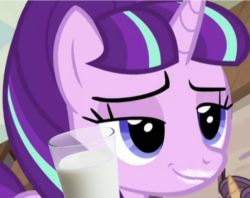 Size: 753x597 | Tagged: safe, edit, edited screencap, screencap, starlight glimmer, pony, unicorn, g4, the cutie map, got milk, lidded eyes, milk, milk moustache, smiling