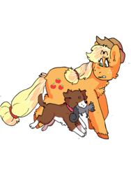 Size: 1800x2400 | Tagged: safe, artist:fri3d-goatwings, applejack, winona, dog, earth pony, pony, squirrel, g4, applejack's hat, cowboy hat, cutie mark, female, hair tie, hat, mare, simple background, transparent background, worried