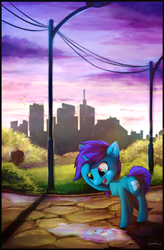 Size: 2247x3418 | Tagged: safe, artist:breakdream, oc, oc only, pony, unicorn, city, cityscape, heterochromia, high res, microsoft, microsoft windows, ponified, puddle, reflection, solo