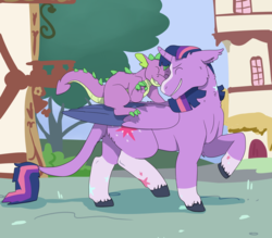 Size: 4000x3500 | Tagged: safe, artist:flyingeevee, spike, twilight sparkle, alicorn, dragon, pony, g4, alternate design, alternative cutie mark placement, blaze (coat marking), claws, coat markings, colored claws, colored wings, curved horn, cutie mark, dragons riding ponies, duo, ear fluff, eyes closed, facial markings, female, happy, horn, leonine tail, male, mare, nuzzling, ponyville, riding, smiling, socks (coat markings), spike riding twilight, spikelove, twilight sparkle (alicorn), walking