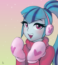 Size: 656x735 | Tagged: safe, artist:ehfa, sonata dusk, human, equestria girls, g4, bundled up for winter, clothes, cute, earmuffs, eyebrows, eyebrows visible through hair, female, gradient background, mittens, open mouth, solo, sonatabetes, sweater, turtleneck, winter outfit