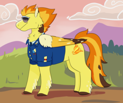 Size: 3800x3200 | Tagged: safe, artist:flyingeevee, spitfire, pegasus, pony, g4, clothes, coat markings, colored wings, cutie mark, female, high res, mare, profile, road, smiling, solo, sunglasses, uniform, wonderbolts dress uniform