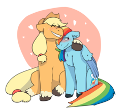 Size: 4000x3500 | Tagged: safe, artist:flyingeevee, applejack, rainbow dash, earth pony, pegasus, pony, g4, abstract background, applejack's hat, blushing, cowboy hat, cutie mark, ear fluff, eyes closed, female, freckles, hair over one eye, hair tie, hat, heart, hug, lesbian, looking sideways, mare, ship:appledash, shipping, sidemouth, simple background, sitting, size difference, smiling, transparent background