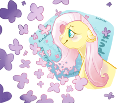 Size: 1200x1000 | Tagged: safe, artist:flyingeevee, fluttershy, pony, g4, abstract background, blushing, bust, female, floppy ears, lidded eyes, mare, simple background, smiling, solo, text, transparent background