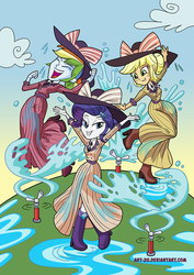 Size: 661x935 | Tagged: safe, artist:art-2u, applejack, rainbow dash, rarity, equestria girls, g4, applejack also dresses in style, boots, clothes, costume, dress, hat, high heel boots, playing, rainbow dash always dresses in style, raristocrat, rose dewitt bukater, shoes, smiling, sprinkler, titanic, water, wet clothes
