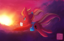 Size: 1024x663 | Tagged: safe, artist:starshinebeast, oc, oc only, oc:fire strike, pegasus, pony, backpack, cloud, flying, solo, sunset