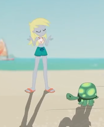 Size: 342x415 | Tagged: safe, screencap, derpy hooves, tank, tortoise, aww... baby turtles, equestria girls, equestria girls series, g4, clothes, cropped, eyes closed, feet, female, male, sandals, shorts, shrug