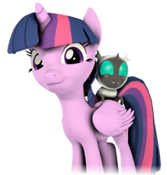 Size: 2004x2097 | Tagged: safe, artist:goatcanon, derpibooru exclusive, twilight sparkle, oc, oc:joey, alicorn, changeling, changeling larva, pony, g4, 3d, cute, cuteling, duo, high res, simple background, source filmmaker, transparent background, twilight sparkle (alicorn)