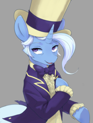 Size: 960x1280 | Tagged: safe, artist:30clock, jack pot, pony, unicorn, g4, grannies gone wild, bowtie, clothes, gray background, hat, horn, male, open mouth, simple background, solo, suit, top hat