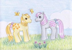 Size: 1024x717 | Tagged: safe, artist:normaleeinsane, butterscotch (g1), snuzzle, butterfly, g1, duo, flower, traditional art