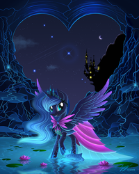 Size: 3000x3750 | Tagged: safe, artist:duskie-06, princess luna, alicorn, pony, g4, canterlot, canterlot castle, clothes, crescent moon, crown, digital art, dress, female, flower, glowing, high res, horn, jewelry, looking at you, lotus (flower), mare, moon, mountain, night, pond, reflection, regalia, signature, solo, stars, water, wings