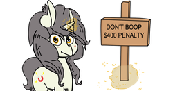 Size: 851x446 | Tagged: safe, artist:bubbypones, artist:wanda, oc, oc only, oc:short fuse, pony, unicorn, boop, levitation, magic, male, penalty, sign, solo, telekinesis