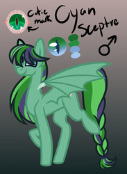 Size: 550x750 | Tagged: safe, artist:eppyminecart, oc, oc only, oc:cyan sceptre, bat pony, pony, icey-verse, colored sclera, female, gradient background, mare, offspring, parent:oc:dark script, parent:oc:lime tendrill, parents:oc x oc, solo