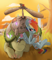Size: 2600x3000 | Tagged: safe, artist:passigcamel, rainbow dash, tank, cyborg, pegasus, pony, g4, alternate timeline, apocalypse dash, book, cloud, crystal war timeline, female, flower, flower in hair, goggles, grass, high res, looking at each other, mare, sky, torn ear, tree, twilight (astronomy), wings