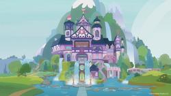 Size: 1644x925 | Tagged: safe, screencap, g4, school daze, building, moat, mountain, no pony, scenery, school, school of friendship, stepping stones, water, waterfall