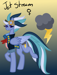 Size: 677x900 | Tagged: safe, artist:eppyminecart, oc, oc only, oc:jet stream (ice1517), pegasus, pony, icey-verse, bandana, clothes, ear piercing, earring, female, goggles, gradient background, jacket, jewelry, magical lesbian spawn, mare, offspring, parent:indigo zap, parent:night glider, parents:indiglider, piercing, solo