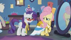 Size: 1644x925 | Tagged: safe, screencap, fluttershy, rarity, pegasus, pony, unicorn, fake it 'til you make it, g4, clothes, duo, duo female, female, glasses, looking at each other, mare, measuring tape, mirror, needle, smiling, warrior of inner strength, warriorshy