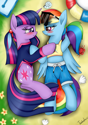 Size: 2480x3507 | Tagged: safe, artist:twidasher, rainbow dash, twilight sparkle, pegasus, pony, unicorn, g4, alternate hairstyle, blue feather, blushing, board shorts, clothes, duo, eye contact, feather, female, high res, lesbian, looking at each other, mare, ponytail, ship:twidash, shipping, shorts, sports shorts, sunglasses, tank top, unicorn twilight