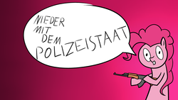 Size: 3840x2160 | Tagged: safe, artist:exxticcy, pinkie pie, earth pony, pony, g4, bad, dialogue, female, fuck the police, german, grin, gun, handgun, high res, hoof hold, laughing, looking at you, mare, mouthpiece, open mouth, police, smiling, solo, talking, translated in the comments, weapon