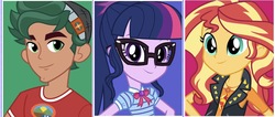 Size: 1654x703 | Tagged: safe, editor:php77, sci-twi, sunset shimmer, timber spruce, twilight sparkle, equestria girls, g4, my little pony equestria girls: better together, looking at you