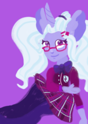 Size: 678x950 | Tagged: safe, artist:pumpkin-somethin-art, sugarcoat, unicorn, anthro, equestria girls, g4, bowtie, clothes, crystal prep academy uniform, cute, female, glasses, hooves, horn, lineless, looking at you, pony ears, purple background, school uniform, simple background, smiling, solo, sugarcute