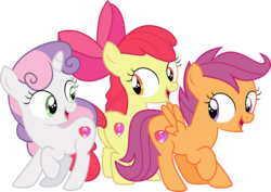 Size: 6089x4306 | Tagged: safe, artist:shootingstarsentry, apple bloom, scootaloo, sweetie belle, earth pony, pegasus, pony, unicorn, g4, surf and/or turf, absurd resolution, cute, cutie mark crusaders, female, filly, open mouth, simple background, the cmc's cutie marks, transparent background, trio, vector