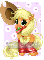 Size: 2300x3100 | Tagged: dead source, safe, artist:stickyduct, applejack, earth pony, pony, g4, apple, apple gag, applejack's hat, bondage, cowboy hat, duct tape, eye reflection, female, food, gag, hat, heart, heart background, high res, hogtied, looking at you, reflection, solo, tape bondage, tied up, watermark