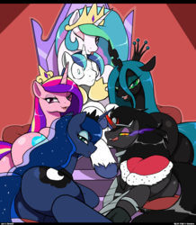 Size: 1188x1360 | Tagged: safe, artist:droll3, king sombra, princess cadance, princess celestia, princess luna, queen chrysalis, shining armor, alicorn, changeling, changeling queen, pony, unicorn, g4, bedroom eyes, bugbutt, butt, chrysalass, female, half r63 shipping, harem, licking lips, lovebutt, lucky bastard, male, moonbutt, plot, polyamory, queen umbr-ass, queen umbra, rule 63, shining armor gets all the mares, shininglestia, shiningsomdance, ship:shining chrysalis, ship:shiningcadance, ship:shiningluna, ship:shiningsombra, ship:shiningumbra, shipping, sombra eyes, straight, this will end in death by snu snu, tongue out, wide eyes