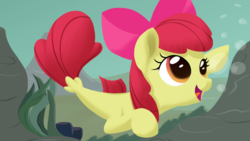 Size: 1280x720 | Tagged: safe, artist:foal, apple bloom, seapony (g4), g4, surf and/or turf, adorabloom, bubble, cute, female, filly, fish tail, happy, ocean, open mouth, orange eyes, ribbon, rock, seaponified, seapony apple bloom, seaweed, smiling, solo, species swap, swimming, tail, underwater, water