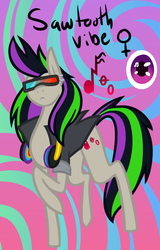 Size: 506x793 | Tagged: safe, artist:eppyminecart, oc, oc only, oc:sawtooth vibe, earth pony, pony, icey-verse, clothes, ear piercing, earring, female, glasses, headphones, jacket, jewelry, magical lesbian spawn, mare, music notes, offspring, parent:octavia melody, parent:vinyl scratch, parents:scratchtavia, piercing, solo