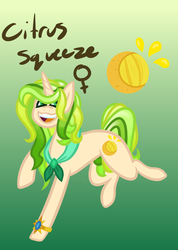 Size: 596x835 | Tagged: safe, artist:eppyminecart, oc, oc only, oc:citrus squeeze, pony, unicorn, icey-verse, bracelet, female, female symbol, gradient background, jewelry, magical lesbian spawn, mare, offspring, open mouth, parent:lily lace, parent:sunshine smiles, parents:sunlace, solo