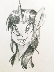 Size: 3024x4032 | Tagged: safe, artist:smirk, twilight sparkle, pony, g4, bust, female, monochrome, pencil, portrait, sketch, smiling, solo, traditional art