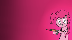 Size: 3840x2160 | Tagged: safe, artist:exxticcy, pinkie pie, earth pony, pony, g4, bad, female, fuck the police, german, gun, handgun, high res, hoof hold, laughing, looking at you, mare, open mouth, police, pure unfiltered evil, simple background, solo, weapon