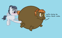Size: 572x348 | Tagged: safe, artist:theinflater19, button mash, rumble, earth pony, pegasus, pony, g4, blushing, colt, inflation, male