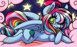 Size: 1280x790 | Tagged: safe, artist:rainbowsaliva, oc, oc only, pegasus, pony, candy, cloud, diamond eyes, female, food, lollipop, multicolored mane, multicolored tail, night, prone, solo, stars