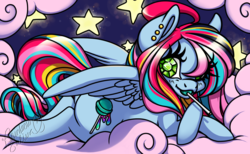 Size: 1280x790 | Tagged: safe, artist:rainbowsaliva, oc, oc only, pegasus, pony, candy, cloud, diamond eyes, female, food, lollipop, multicolored mane, multicolored tail, night, prone, solo, stars