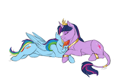 Size: 1200x800 | Tagged: safe, artist:shimazun, rainbow dash, twilight sparkle, pegasus, pony, unicorn, g4, bracelet, couple, crown, duo, eyes closed, female, jewelry, leonine tail, lesbian, mare, middle ages au, prone, regalia, ship:twidash, shipping, simple background, story included, tail ring, unicorn twilight, white background