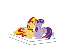 Size: 1754x1240 | Tagged: safe, artist:xbluestreakx, sunset shimmer, twilight sparkle, alicorn, pony, unicorn, g4, bed, cute, female, lesbian, licking, lying down, mare, on side, ship:sunsetsparkle, shipping, silly, silly pony, tongue out, twilight sparkle (alicorn)