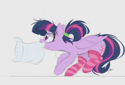 Size: 2048x1398 | Tagged: safe, artist:ncmares, twilight sparkle, alicorn, pony, g4, alternate hairstyle, clothes, female, kneesocks, mare, mouth hold, pillow, ponytail, scrunchie, signature, simple background, socks, solo, striped socks, twilight sparkle (alicorn)