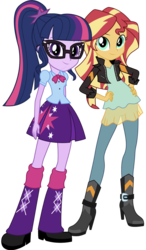 Size: 842x1437 | Tagged: safe, editor:php77, sci-twi, sunset shimmer, twilight sparkle, equestria girls, boots, clothes, clothes swap, duo, glasses, hand on hip, high heel boots, jacket, leather jacket, leg warmers, pants, pleated skirt, ponytail, shoes, simple background, skirt, smiling, transparent background