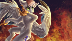Size: 1024x580 | Tagged: safe, artist:zefirayn, oc, oc only, pegasus, pony, commission, digital art, fire, flying, hoof blades, male, solo, spread wings, stallion, vexel, wings, ych result