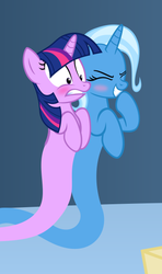 Size: 360x608 | Tagged: safe, artist:navitaserussirus, trixie, twilight sparkle, asktwixiegenies, g4, blushing, couple, cropped, duo, female, lesbian, ship:twixie, shipping