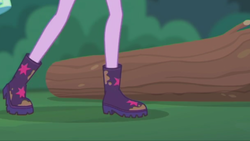 Size: 2208x1242 | Tagged: safe, screencap, sci-twi, twilight sparkle, equestria girls, g4, my little pony equestria girls: better together, stressed in show, stressed in show: fluttershy, boots, legs, log, mud, muddy, pictures of legs, shoes