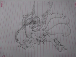 Size: 4160x3120 | Tagged: safe, artist:absolitedisaster08, oc, oc only, oc:cyan crystal, pegasus, pony, female, lined paper, mare, monochrome, solo, traditional art